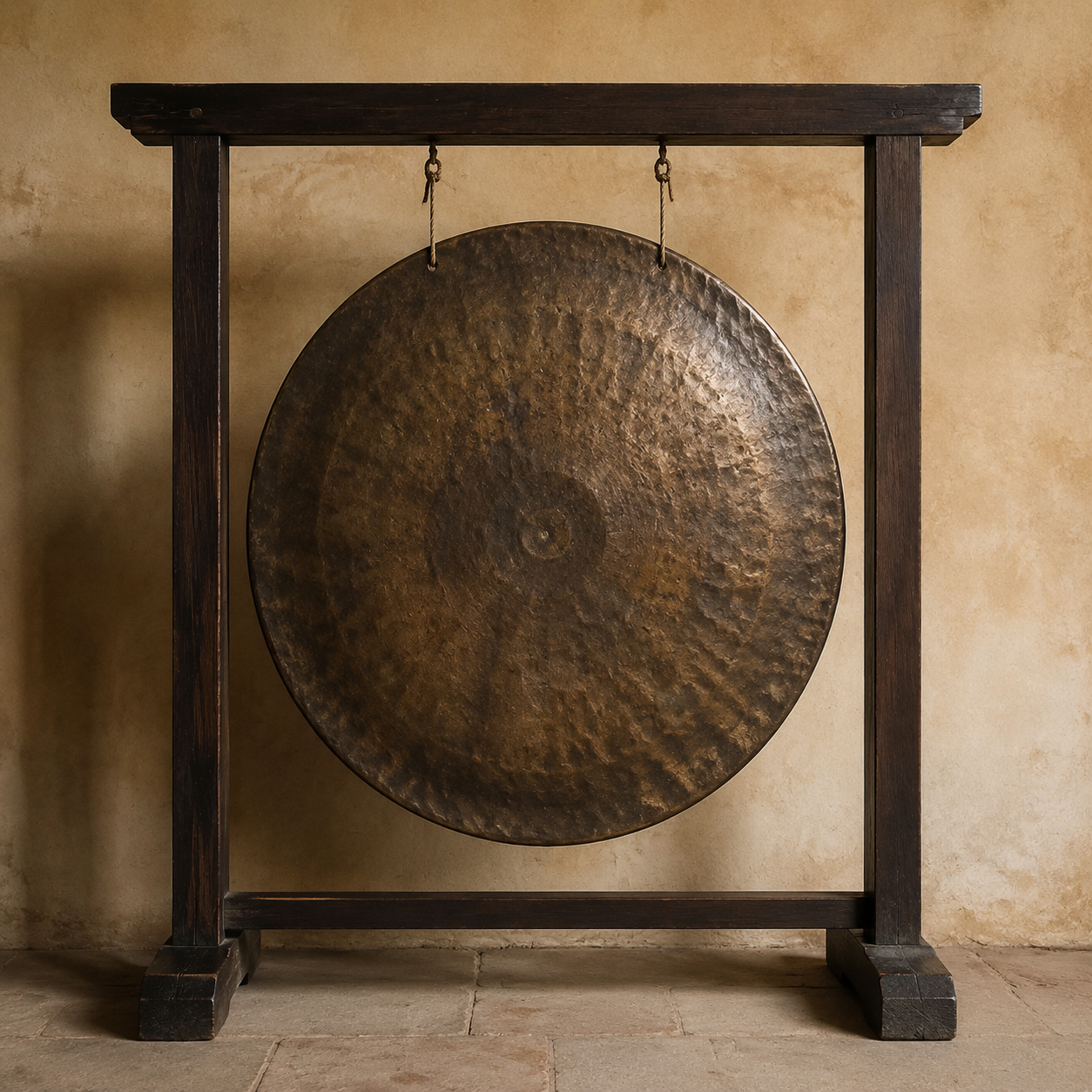 A large hammered bronze gong hanging from a dark timber stand